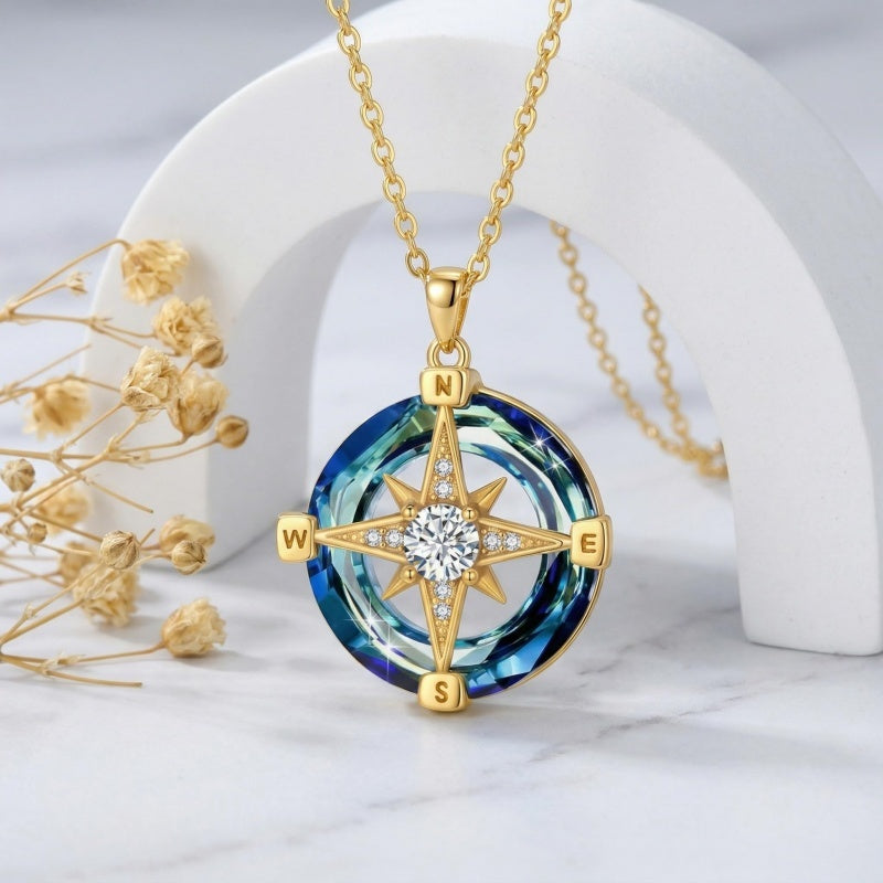 14K Gold Plated Crystal Compass Pendant Necklace Graduation Jewelry Inspirational Travel Valentine's Day Gift