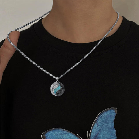 Sterling Silver Turquoise Obsidian Opal Tiger's Eye Yin Yang Angel Wings Pendant Necklace