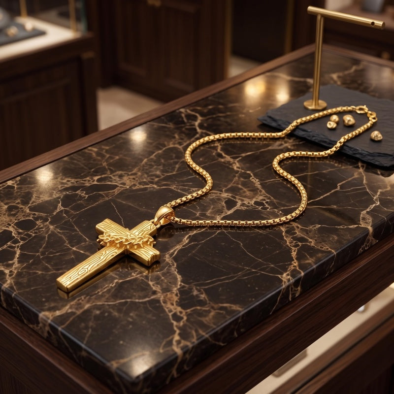 14K Gold Plated Cross Pendant Necklace for Men Religious Jewelry Christian Gift