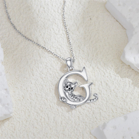 Sterling Silver Initial Cat Pendant Necklace