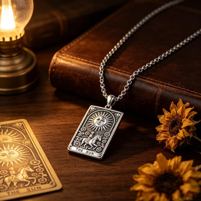 Sterling Silver Tarot Card Pendant  Necklace for Men Gothic Amulet Jewelry