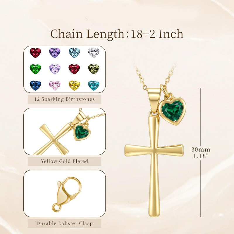 14K Gold  Plated Birthstone Cross Faith Necklace for Women