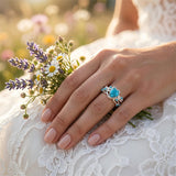 Sterling Silver Personalized Engraved 1-3CT Turquoise Engagement  Wedding Promise Ring Set for Her