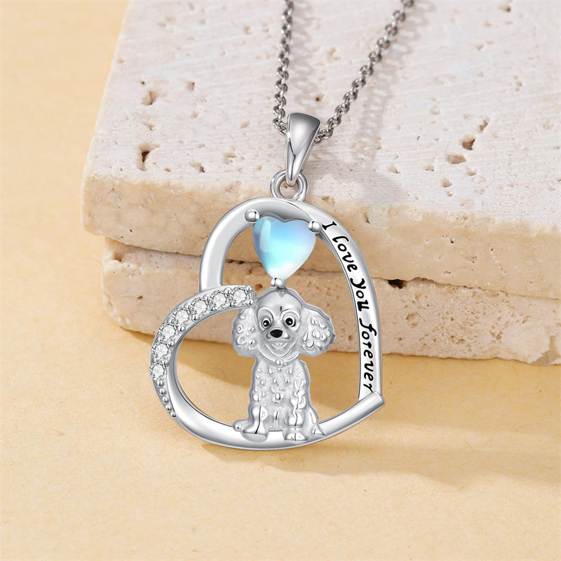 Sterling Silver Moonstone Pug Chihuahua Poodle German Shepherd Maltese Pendant Necklace Engraved wth I Love You Forever