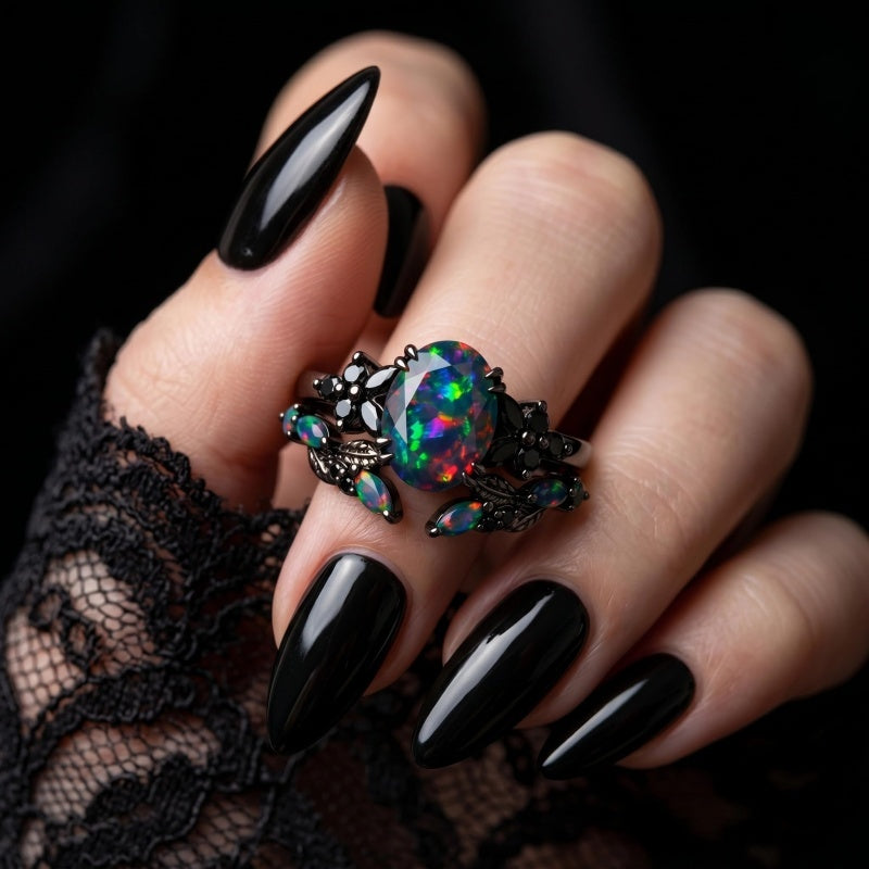 Sterling Silver 10K  14K  18K  Gold Personalized Engraved Black Opal Engagement Wedding Promise Ring for Her