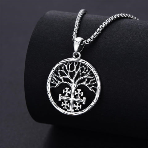 Sterling Silver Jerusalem Tree of Life Cross Religious Pendant Necklace