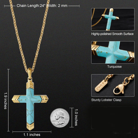 14K Gold Plated Turquoise Lapis Lazuli Cross Necklace for Men with Adjustable Chain