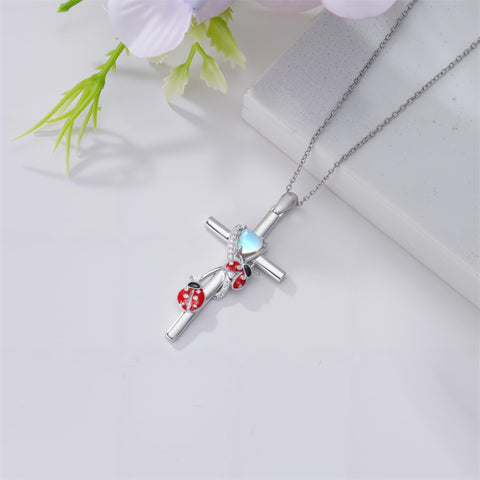 Sterling Silver Cross Moonstone Dragonfly Butterfly Bee Hummingbird Ladybug Pendant  Necklace for Women