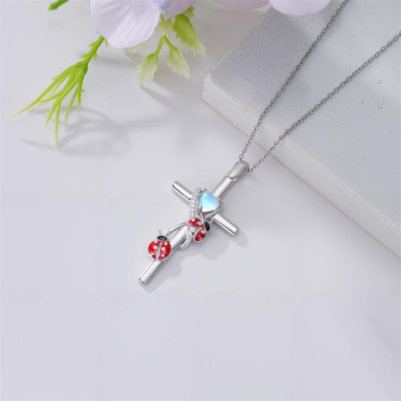 Sterling Silver Cross Moonstone Dragonfly Butterfly Bee Hummingbird Ladybug Pendant  Necklace for Women