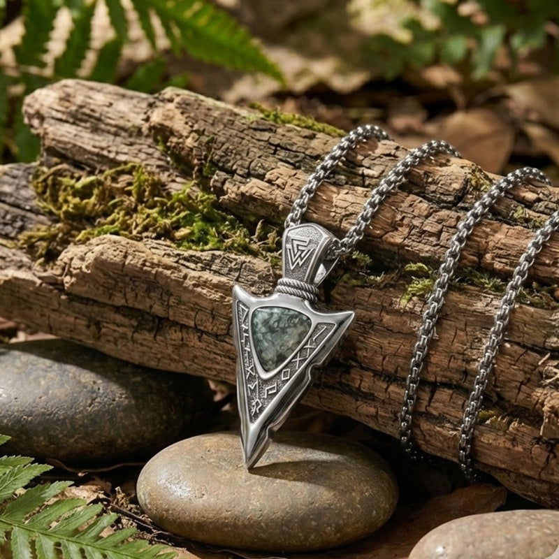 14K Gold Plated Moss Agate Turquoise Valknut Viking Arrow Head Pendant Necklace for Men