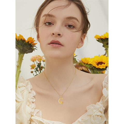 14K Gold Moon Cat Dog Rabbit Pendant Necklace