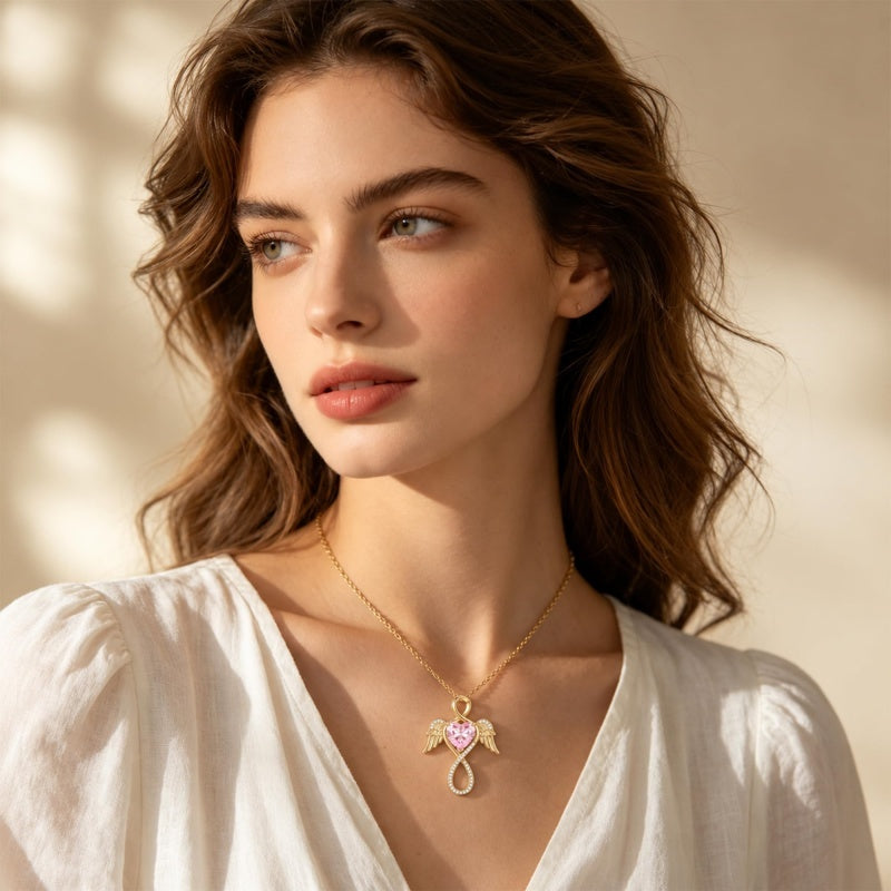 14K Gold Plated 12-Month Birthstone Infinity Angel Wings Pendant Necklace for Women
