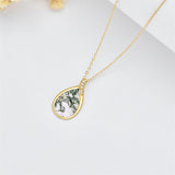 14K Gold Pear Shape TearDangle White Opal Moss Agate Pendant Necklace