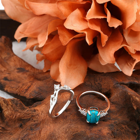 Sterling Silver Genuine Turquoise Engagement Wedding Ring Set for Women
