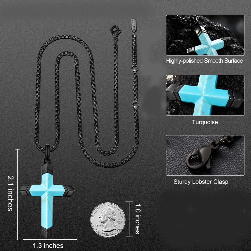 14K Gold Plated Turquoise Lapis Lazuli Cross Necklace for Men with Adjustable Chain