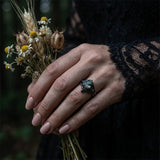 Sterling Silver 10K 14K  18K Gold Personalized Engraved Moss Agate Gothic Promise Wedding Engagement Black Ring Set