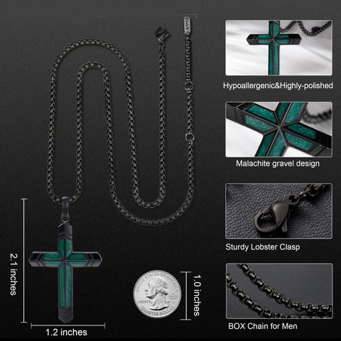 14K Gold Plated Turquoise Malachite Cross Necklace for Men Christianity Cross Jewelry