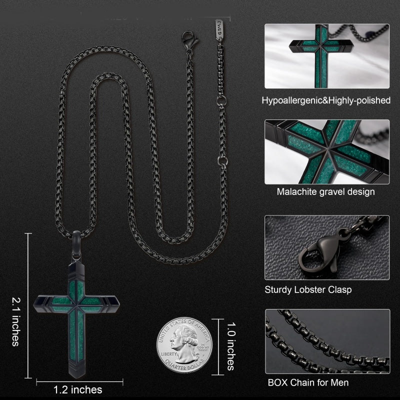 14K Gold Plated Turquoise Malachite Cross Necklace for Men Christianity Cross Jewelry