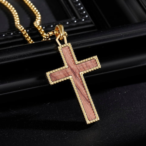 14K Gold Plated Wooden Cross Necklace Jewelry Gift for Him