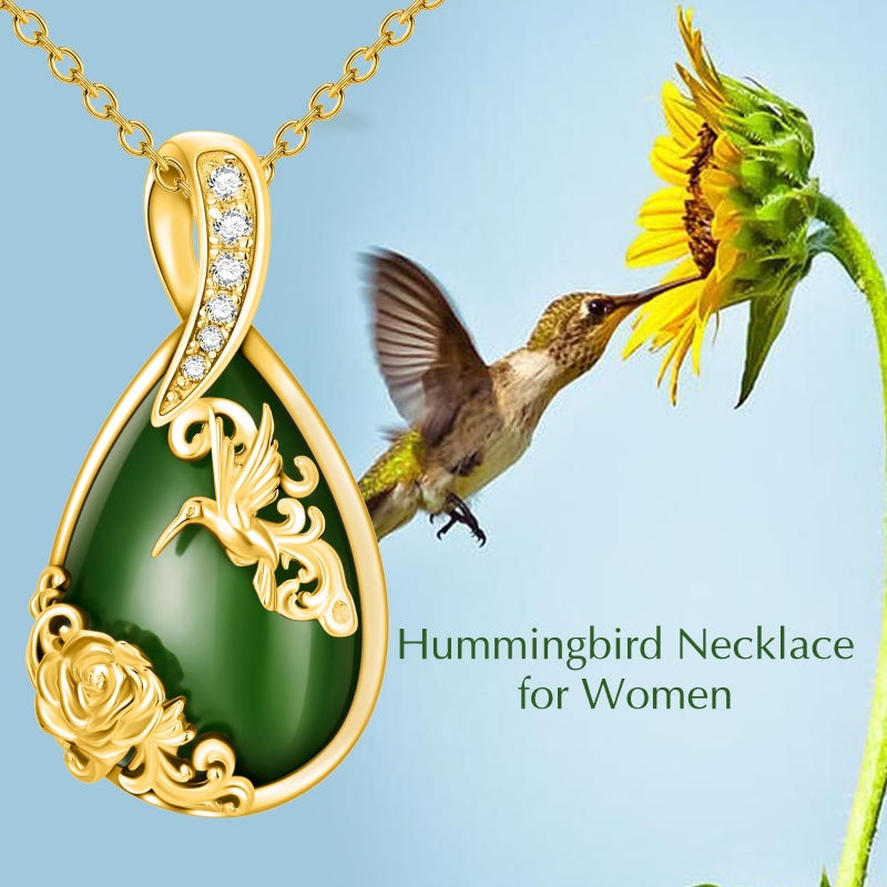 14K Gold Plated Natural Jade Hummingbird Cat Dragonfly Butterfly Bee Pendant Necklace for Women
