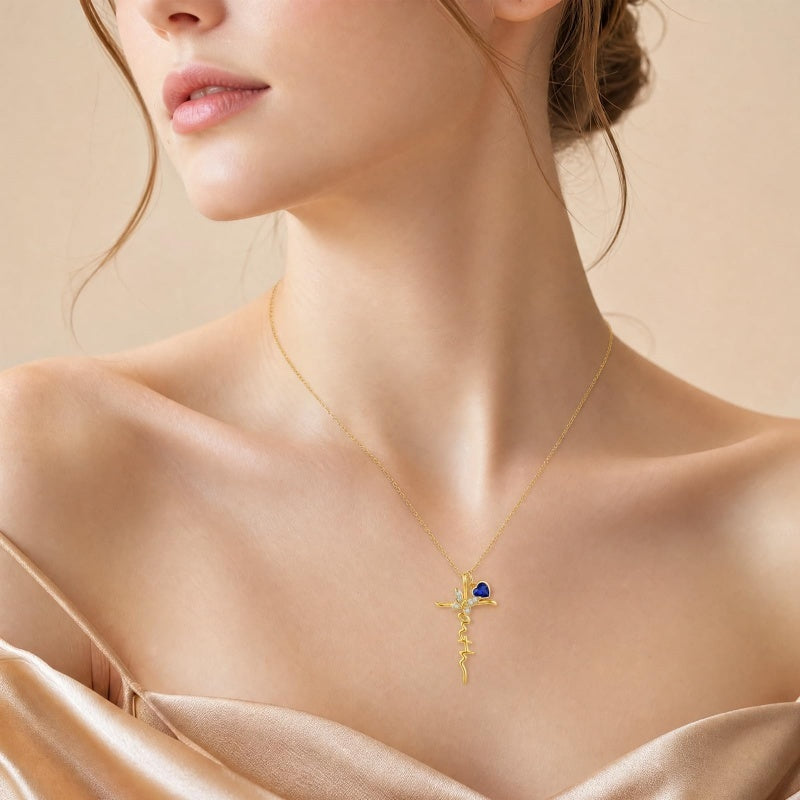 14K Gold Plated  Birthstone  Cross Butterfly Necklace for Women