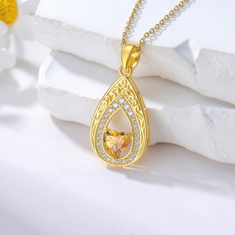 Vintage Teardrop Birthstone 14K Yellow Gold Plated Pendant Necklace for Women