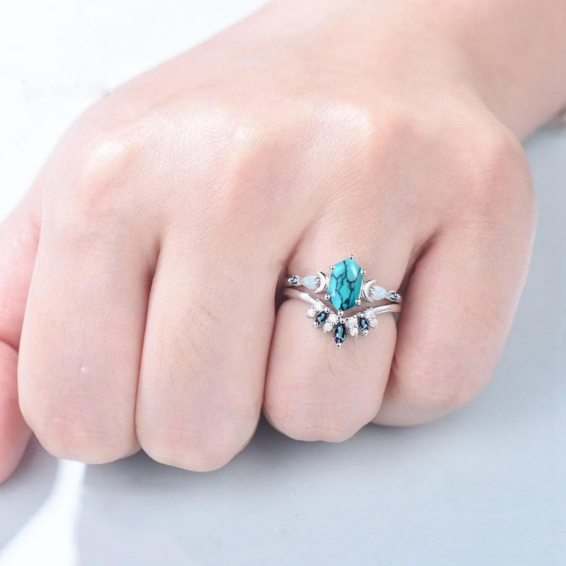 Sterling Silver 10K 14K 18K Gold Turquoise Engagement  Wedding Ring Set for Women