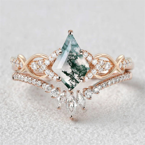 Sterling Silver 10K 14K 18K Gold Personalize Engraved Moss Agate Engagement Rings for Women