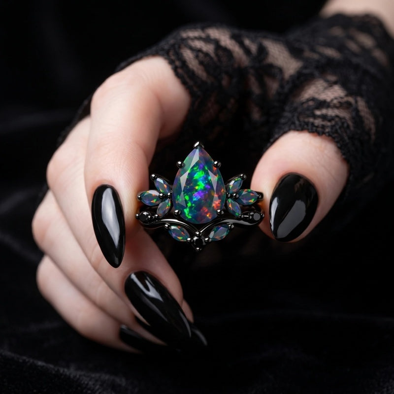 Sterling Silver 10K  14K  18K  Gold Personalized Engraved Black Opal Engagement Wedding Promise Ring for Her