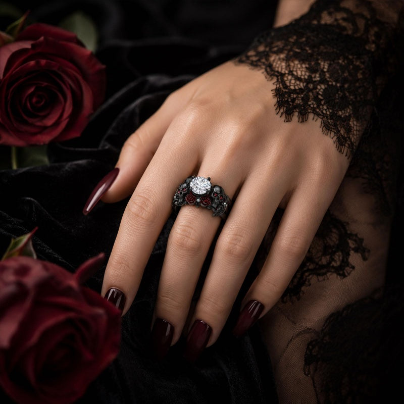Sterling Silver 10K 14K 18K Gold Moissanite Gothic Black  Engagement Wedding Ring  for Women