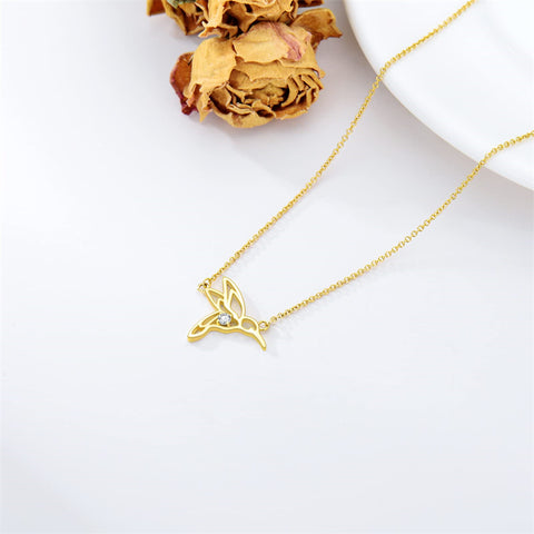 14K Yellow Gold Cubic Zirconia Hummingbird  Pendant Necklace