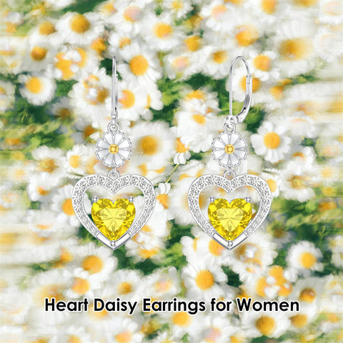 Sterling Silver Heart Cubic Zirconia Sunflower Rose Daisy Lily Lotus Hibiscus Dangle Earrings