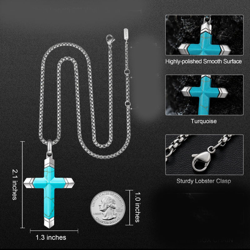 14K Gold Plated Turquoise Lapis Lazuli Cross Necklace for Men with Adjustable Chain