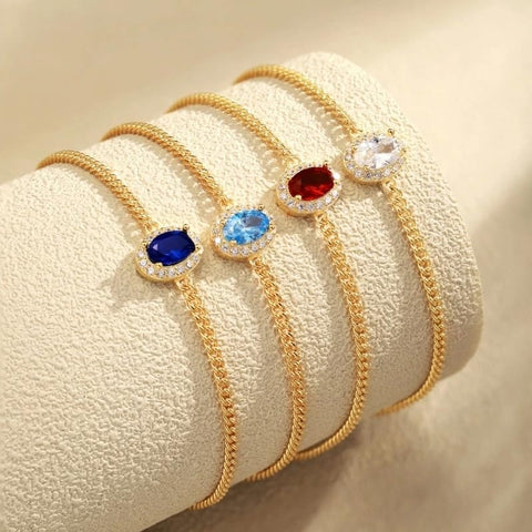 14K Gold Plated Halo Oval Birthstone Cuban Chain Bracelets for Her