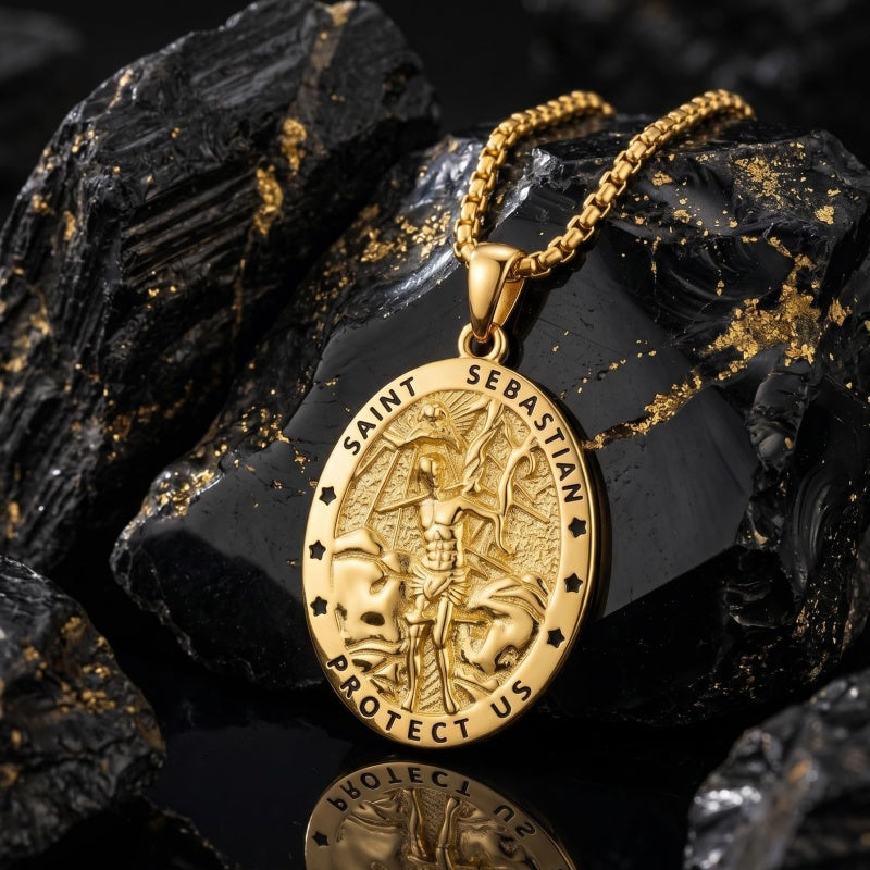 14K Gold Plated Saint Medal Christian  Pendant Necklace for Men