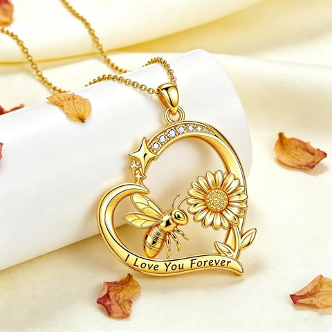 10K 14K 18K  Gold Cubic Zirconia Heart Shaped Bee Butterfly Dragonfly  Necklace Engraved with  I Love Your Forever