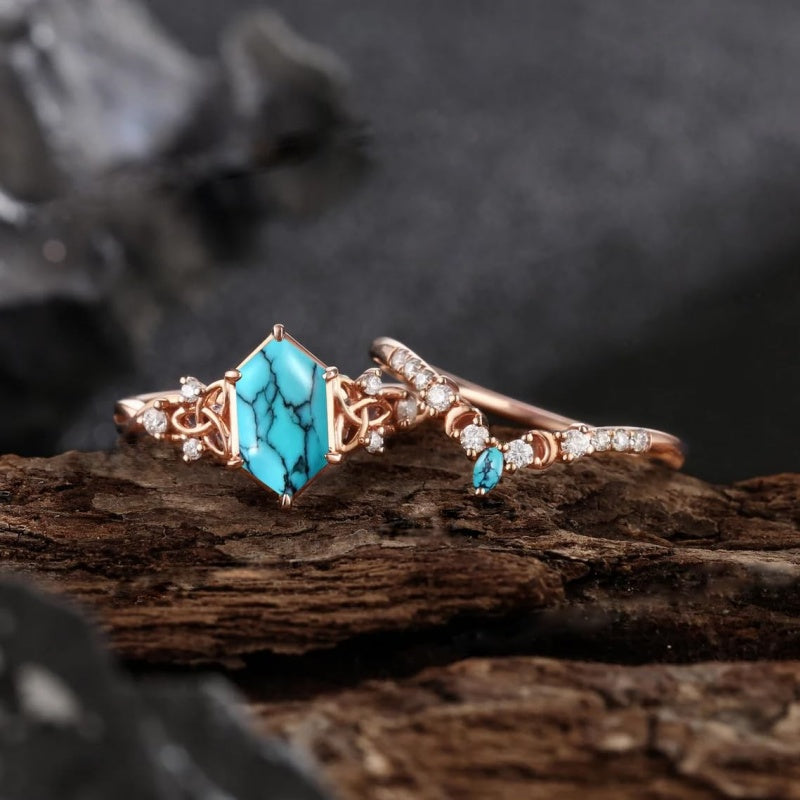 Sterling Silver 10K 14K 18K Gold Turquoise Engagement  Wedding Ring Set for Women