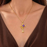 14K Gold Plated Heart Shape Birthstone Rose Flower Cross Necklace for Women  Religious Christian Jewelry