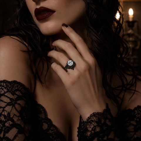 Sterling Silver 10K 14K 18K Gold Moissanite Gothic Black  Engagement Wedding Ring  for Women