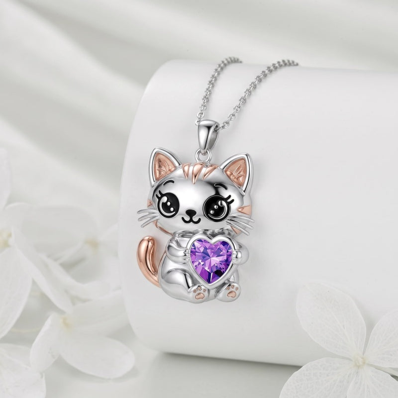Sterling Silver 12 Month Birthstone Cat Pendant Necklace Birthstone Jewelry Gifts for Birthday