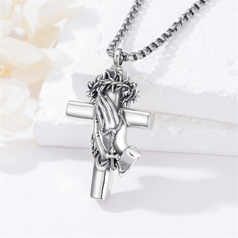 Sterling Silver Crown of Thorns Serenity Prayer Cross Urn Necklace for Ashes