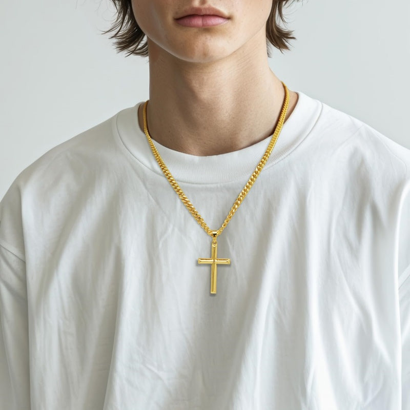 14K Gold Plated Cross Necklace with Cuban Chain for Men
