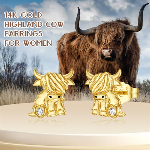 14K Gold Highland Cow Heart Stud Earrings