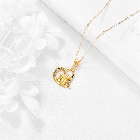 14K Gold Sister Brother Heart Pendant Necklace With Engraved