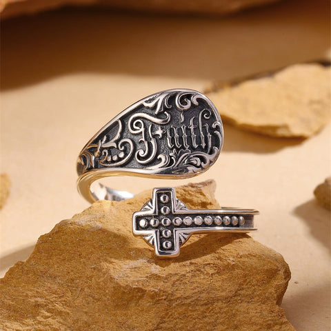 Sterling Silver Oxidized Faith Spoon Ring