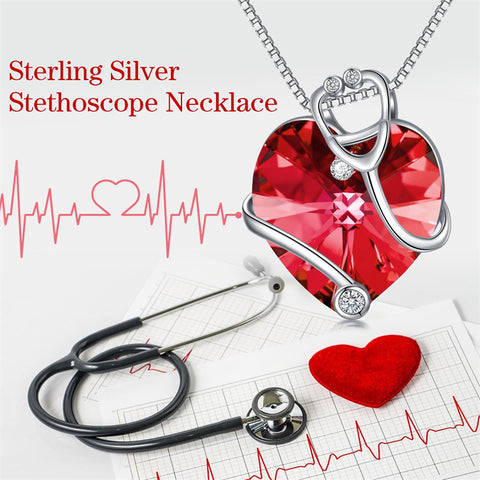 Sterling Silver Heart Crystal Stethoscope Pendant Necklace