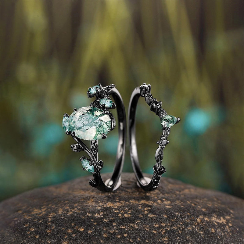 Sterling Silver 10K 14K 18K Gold Vintage Nature Moss Agate Engagement Ring Sets for Women