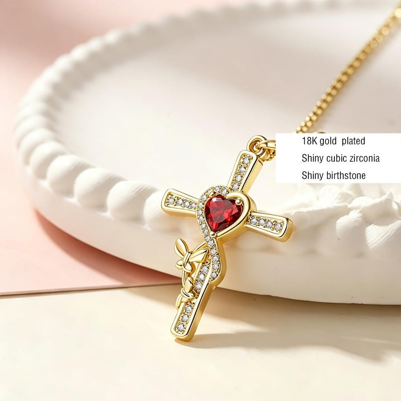 14K Gold Plated Birthstone Butterfly  Cross Pendant Necklace Anniversary Birthday for Her