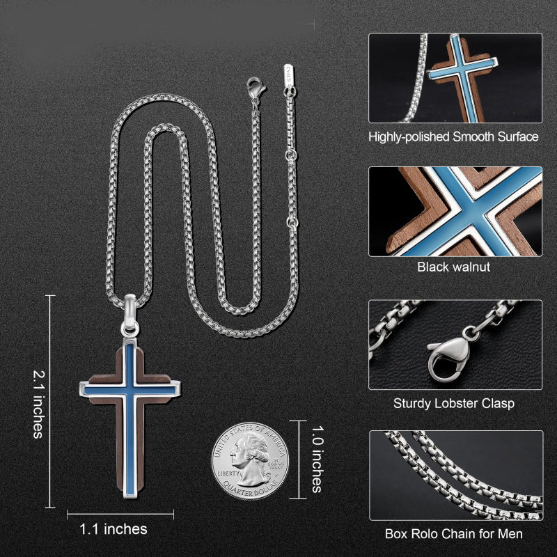 14K Gold Plated Wooden Abalone Shell Cross Pendant Necklacefor Men