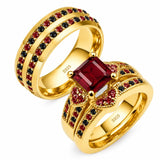 Sterling Silver 10K 14K 18K Gold Personalized Engraved  Halloween Dark Red Gemstone Couple Ring Set